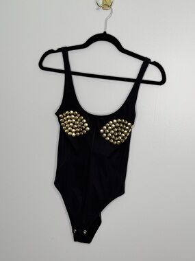 NEVER WORN Good American The Fembot Black Gold Studded Tank Bodysuit